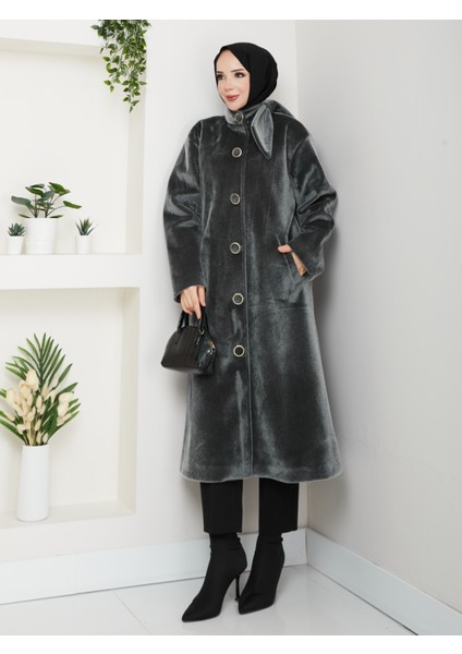 Kadın Düğmeli Fiyonk Modelli Foks Kumaş Şık Kaşe Kaban