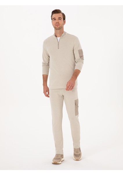 Erkek Bej Slim Fit Kargo Cepli Paçası Düz Eşofman Altı 50309820-VR011
