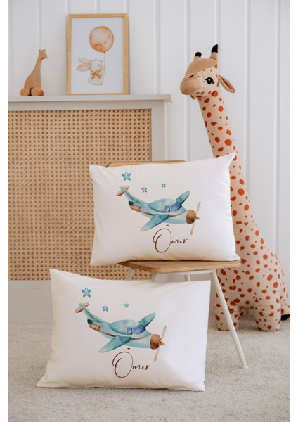 %100 Pamuk Isme Özel 2li Ekru Bebek Yastık Kılıfı 35X45 Cm-Uçak