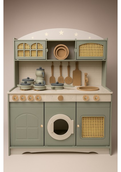 Ahşap Boyalı Oyuncak Mutfak ve Çaydanlık Tencere Tava Seti ( 1 LED Aydınlatma Hediyeli)