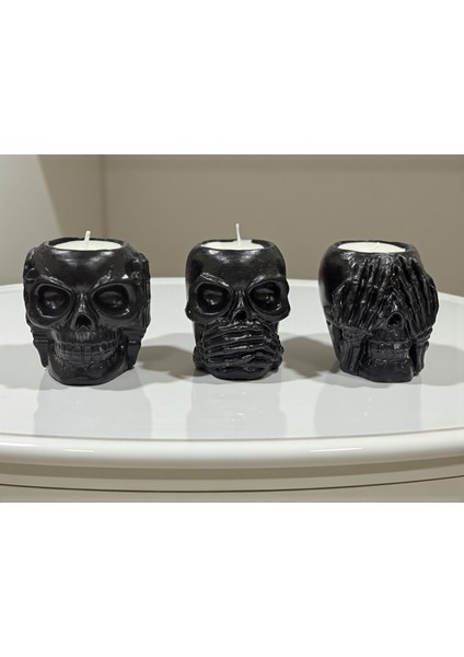 3’lü Kafatası Şeklinde Dekoratif Mum Seti, Konuşma, Görme, Duyma Figürlü Ev ve Ofis Dekoru