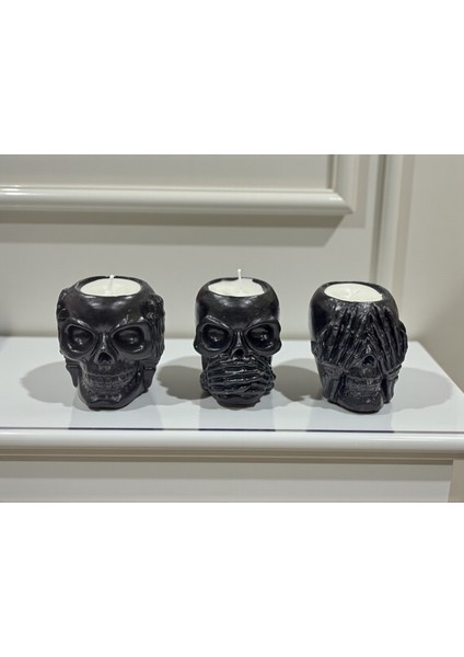 3’lü Kafatası Şeklinde Dekoratif Mum Seti, Konuşma, Görme, Duyma Figürlü Ev ve Ofis Dekoru modelleri