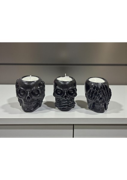 3’lü Kafatası Şeklinde Dekoratif Mum Seti, Konuşma, Görme, Duyma Figürlü Ev ve Ofis Dekoru