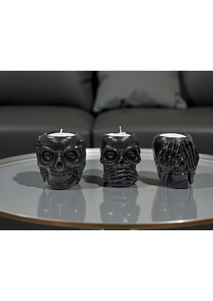 3’lü Kafatası Şeklinde Dekoratif Mum Seti, Konuşma, Görme, Duyma Figürlü Ev ve Ofis Dekoru