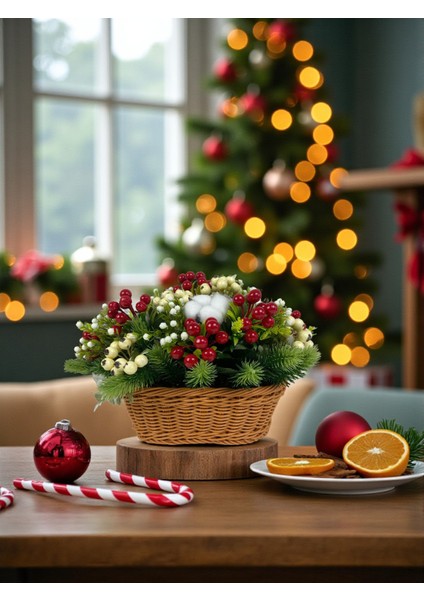 Yapay Çiçek Sepeti Yılbaşı Ev Dekorasyonu 35X25 cm Kokina Çam Pamuk Masa Süsü Dekor Hediyelik Aranjman