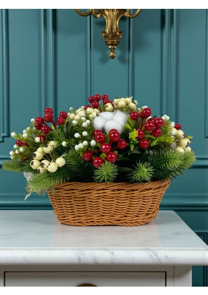 Yapay Çiçek Sepeti Yılbaşı Ev Dekorasyonu 35X25 cm Kokina Çam Pamuk Masa Süsü Dekor Hediyelik Aranjman fiyatları