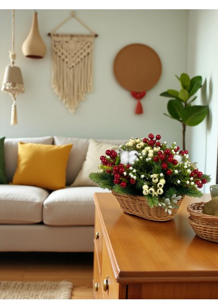 Yapay Çiçek Sepeti Yılbaşı Ev Dekorasyonu 35X25 cm Kokina Çam Pamuk Masa Süsü Dekor Hediyelik Aranjman modelleri