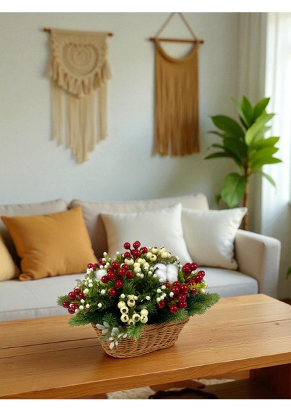 Yapay Çiçek Sepeti Yılbaşı Ev Dekorasyonu 35X25 cm Kokina Çam Pamuk Masa Süsü Dekor Hediyelik Aranjman