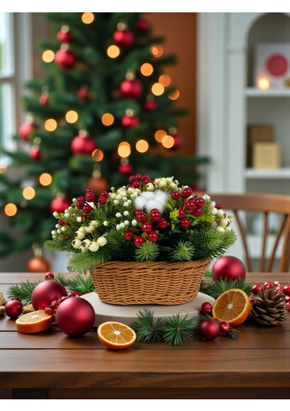 Yapay Çiçek Sepeti Yılbaşı Ev Dekorasyonu 35X25 cm Kokina Çam Pamuk Masa Süsü Dekor Hediyelik Aranjman