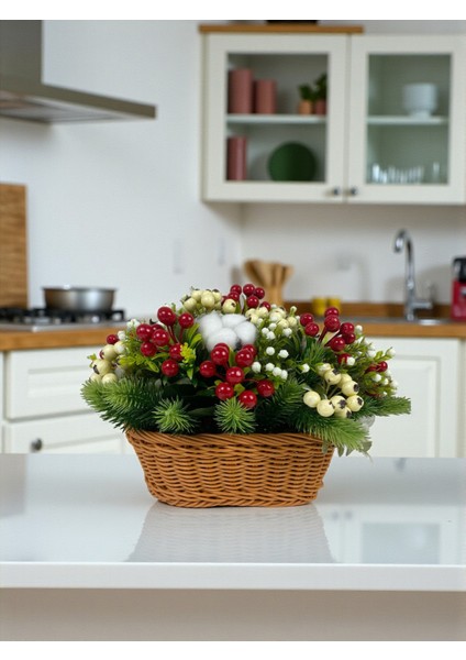 Yapay Çiçek Sepeti Yılbaşı Ev Dekorasyonu 35X25 cm Kokina Çam Pamuk Masa Süsü Dekor Hediyelik Aranjman