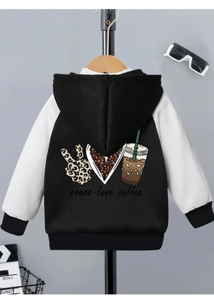 Punıx Kıds Özel Tasarım Peace Love Coffee Sırt Baskılı Kapüşonlu Oversize Kız Çocuk Sweatshırt