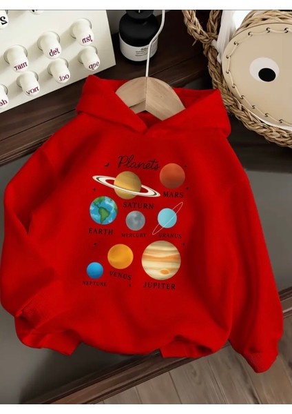 Punıx Kıds Özel Üretim Planets Baskılı Kapüşonlu %100 Pamuk Cepsiz Oversize Kız Çocuk Seatshırt