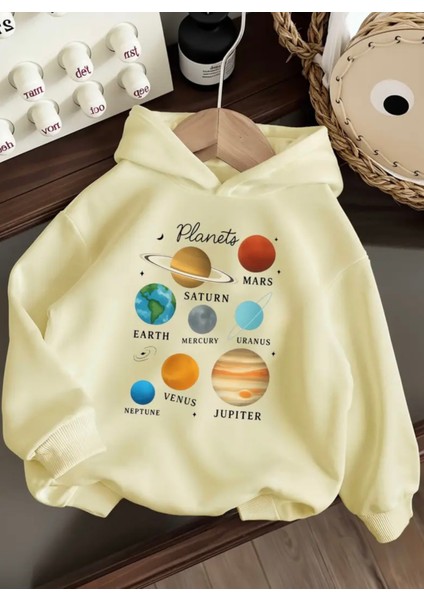 Punıx Kıds Özel Üretim Planets Baskılı Kapüşonlu %100 Pamuk Cepsiz Oversize Kız Çocuk Seatshırt