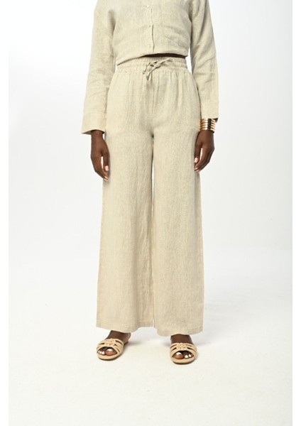 Kadın Beli Lastikli Bol Paça Düz Natur Renk Pantolon