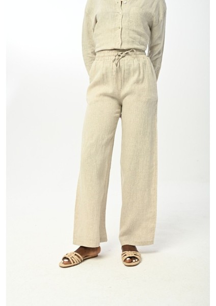 Kadın Beli Lastikli Bol Paça Düz Natur Renk Pantolon fiyatları