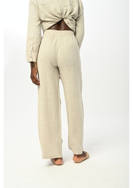 Kadın Beli Lastikli Bol Paça Düz Natur Renk Pantolon modelleri