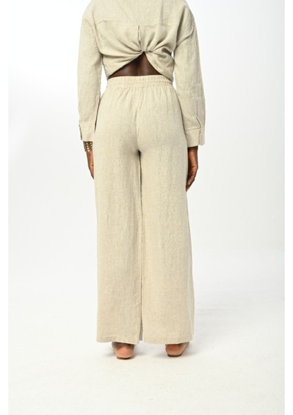Kadın Beli Lastikli Bol Paça Düz Natur Renk Pantolon fırsatları