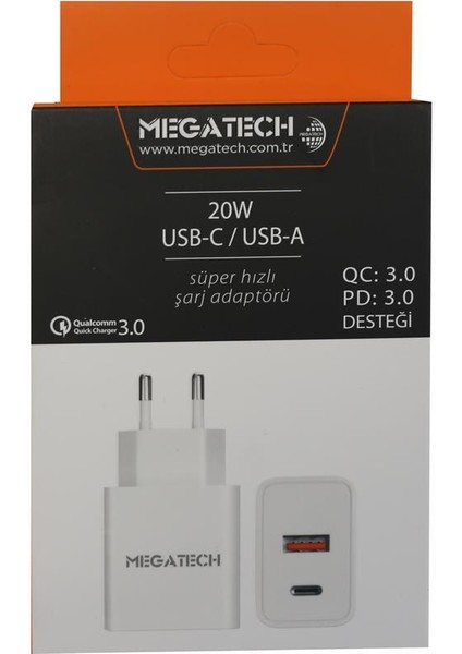 20W Beyaz Usb-C Usb-A Şarj Kafa Qc:3.0-Pd:3.0