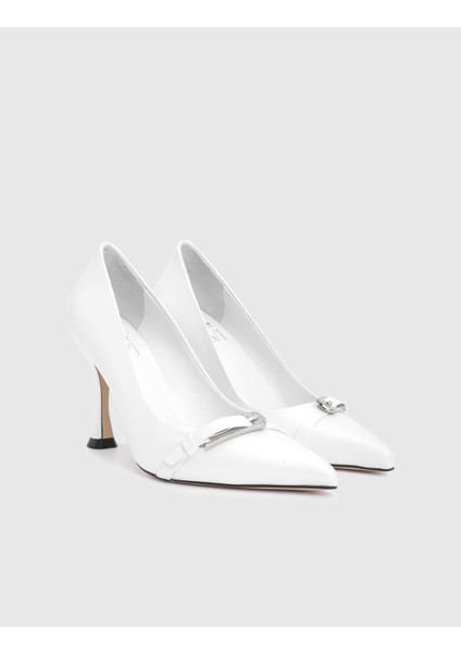 Puerto Hakiki Deri Beyaz Kadın Topuklu Ayakkabı