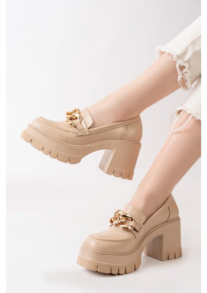 Kadın Zincir Tokalı 8 cm Topuklu Platformlu Ayakkabı Bej fiyatları