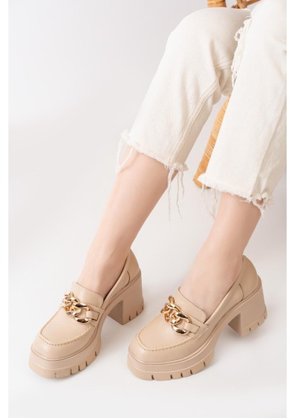 Kadın Zincir Tokalı 8 cm Topuklu Platformlu Ayakkabı Bej modelleri