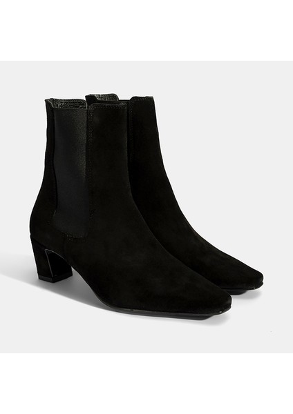 Kadın Siyah Lastikli Topuklu Süet Deri Bot