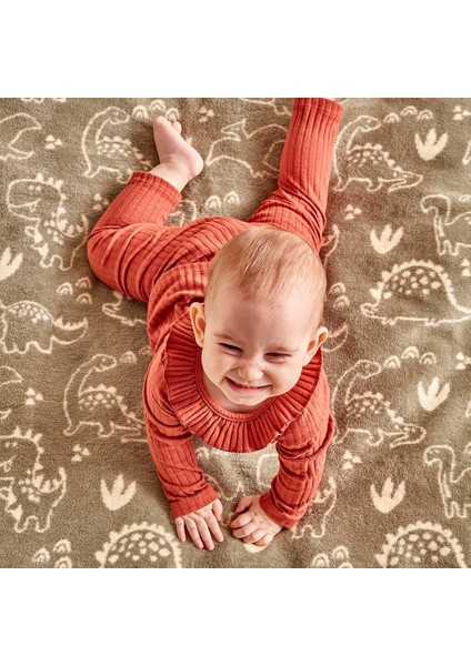 Dino Hayvan Baskılı%60 Pamuk%33 Akrilik%7 Bebek Battaniye, Haki, Bebek (100X120 Cm)