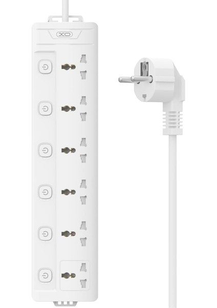 WL18 Akım Korumalı 6&apos;lı Priz, Tr Priz Uyumlu, Eu/us/uk, 6 Evrensel Priz, 2 Metre Kablo, 2500W, Her Giriş Için Açma Kapama Anahtarlı, Alev Geciktirici Malzeme, Yüksek Gerilim Koruma, Beyaz