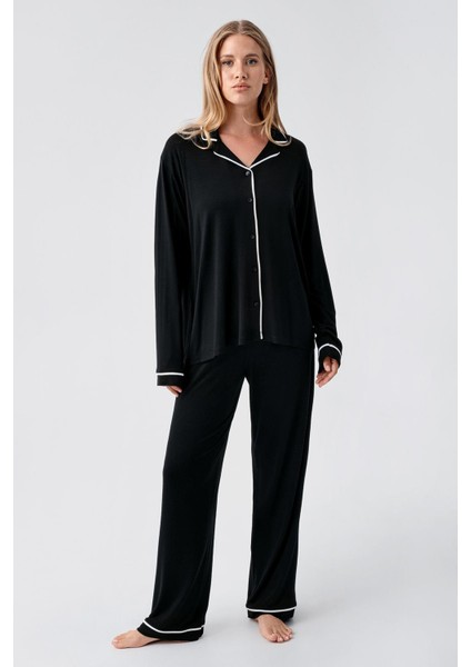 Uzun Kollu Düğmeli Esnek Viskoz Pijama Takım 18207