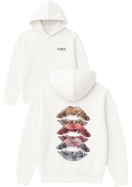 Ruj Izleri 3 Adet Tasarım Baskılı Oversize Beyaz Kapüşonlu Sweatshirt