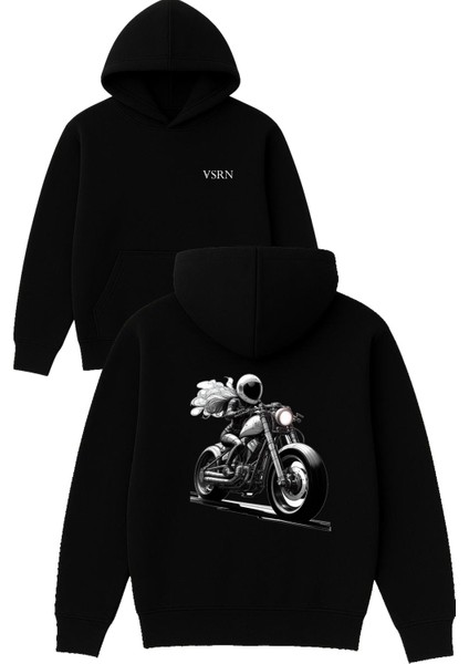 Motorlu Kadın Tasarım Baskılı Oversize Siyah Kapüşonlu Sweatshirt