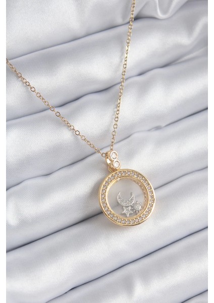 Bfs 316L Çelik Gold Renk Zirkon Taş Detay Ay Yıldız Fanus Model Kadın Kolye