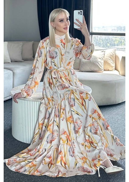 Kadın Bdart Düğmeli ve Kuşak Detaylı Bisiklet Yaka Maxi Elbise Kehribar Sarısı