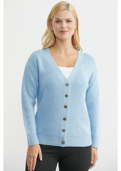 Metal Düğmeli Oversize Triko Hırka - Mavi