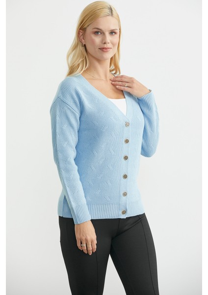 Metal Düğmeli Oversize Triko Hırka - Mavi modelleri