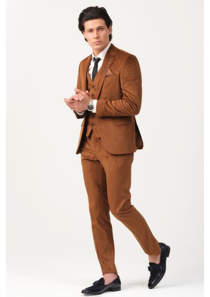 Taba Fitilli Kadife Erkek Takım Elbise – 3 Parça Yelekli, Şık ve Modern Slim Fit Kesim fiyatları