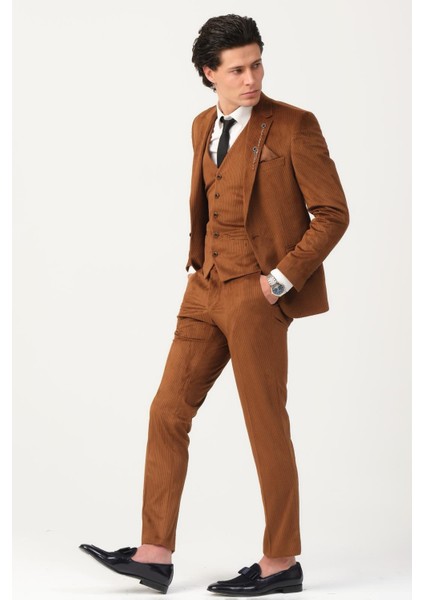 Taba Fitilli Kadife Erkek Takım Elbise – 3 Parça Yelekli, Şık ve Modern Slim Fit Kesim modelleri