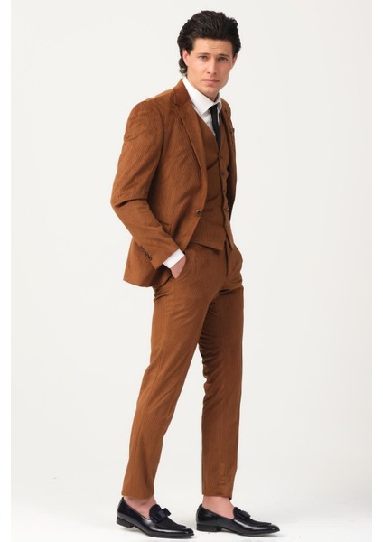 Taba Fitilli Kadife Erkek Takım Elbise – 3 Parça Yelekli, Şık ve Modern Slim Fit Kesim fırsatları