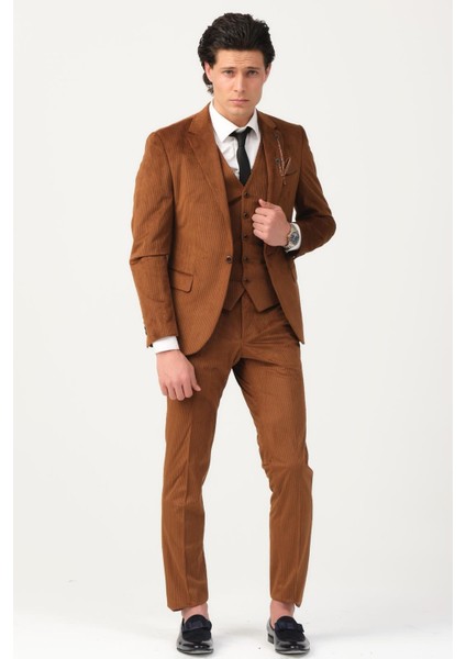 Taba Fitilli Kadife Erkek Takım Elbise – 3 Parça Yelekli, Şık ve Modern Slim Fit Kesim indirimleri