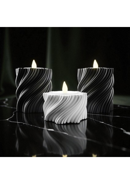 3’lü Spiral Tasarım Plastik Mumluk Seti – Siyah ve Beyaz – Tealight Uyumlu Dekoratif Masa Üstü Mumluk