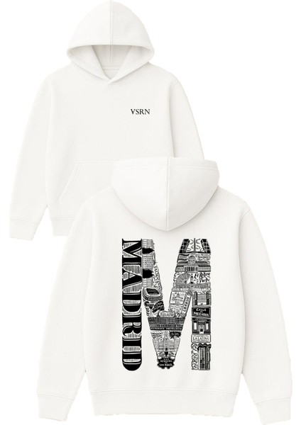 Madrid M Tasarım Baskılı Oversize Beyaz Kapüşonlu Sweatshirt