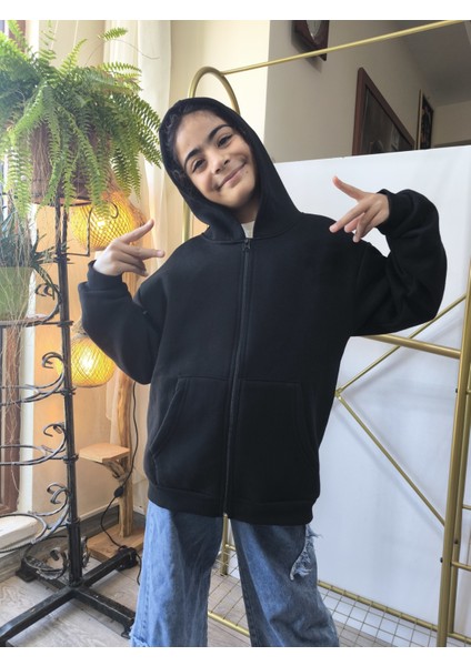 kız Erkek Çocuk Unisex Kapüşonlu Fermuarlı Şardonlu Cepli Rahat % 100 Pamuklu Sweatshirt Hırka Siyah