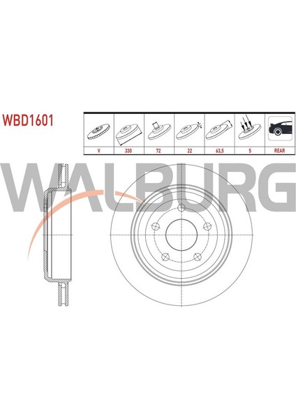 WALBURG-WBD1601 - Fren Dıskı Arka Havalı 5 Bjn 18 Jant 330×22X72X63,5 Jeep Grand Cherokee Iv (Wk,wk2) 3.0 Crd - 3.6 V6