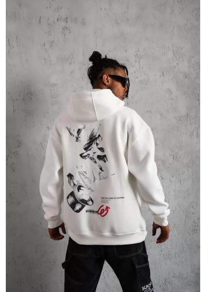 Erkek Şapkalı Güvercin Baskılı Kapşonlu Sweat - Beyaz fırsatları