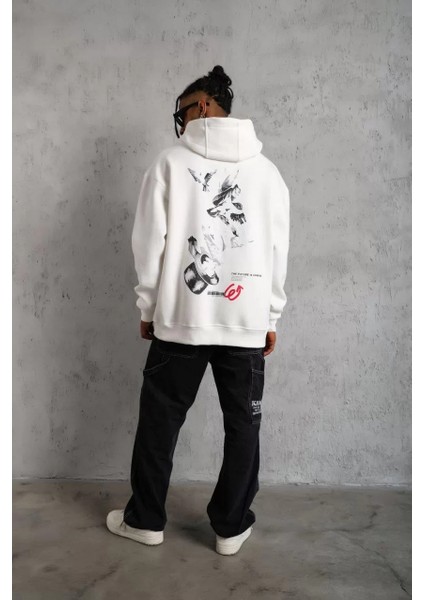 Erkek Şapkalı Güvercin Baskılı Kapşonlu Sweat - Beyaz indirimleri