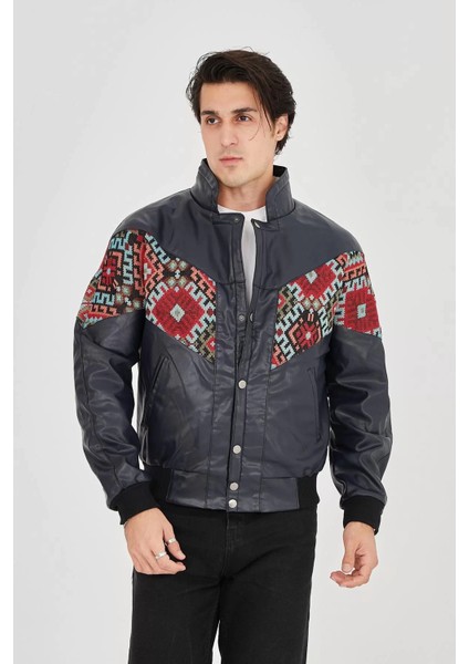 Erkek Içi Astarlı Içten Yaka Kısmı Peluşlu Suni Kumaş Vintage Ceket - Lacivert fiyatları