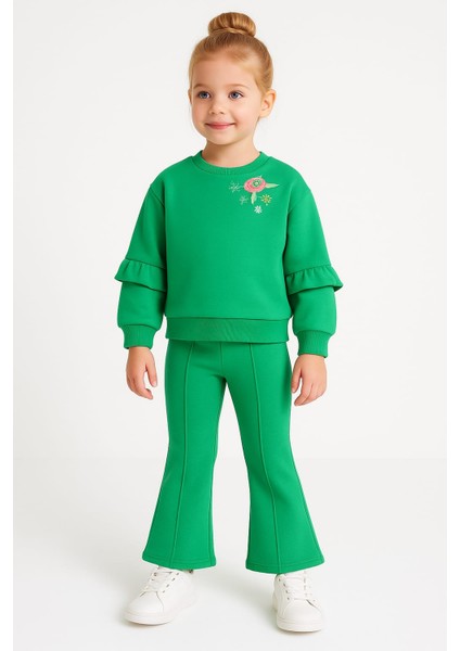 Çiçek Nakışlı Ispanyol Paça Üç Ip Kız Çocuk Takım