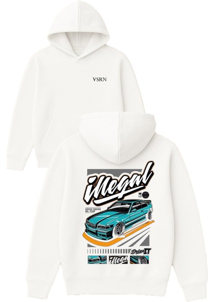 Illegal Drive Tasarım Baskılı Oversize Beyaz Kapüşonlu Sweatshirt