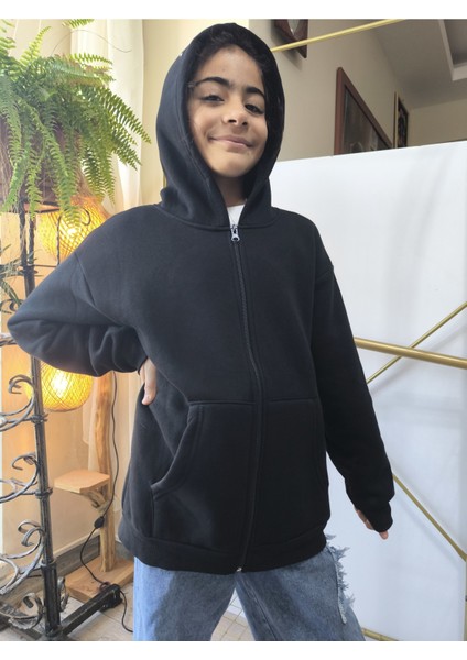 kız Erkek Çocuk Unisex Kapüşonlu Fermuarlı Şardonlu Cepli Rahat % 100 Pamuklu Sweatshirt Hırka Siyah modelleri