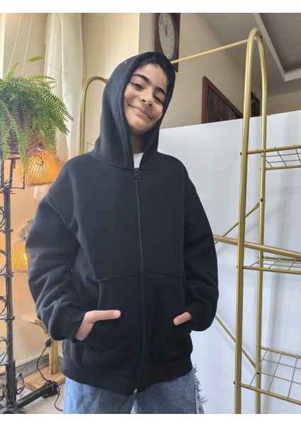kız Erkek Çocuk Unisex Kapüşonlu Fermuarlı Şardonlu Cepli Rahat % 100 Pamuklu Sweatshirt Hırka Siyah indirimleri